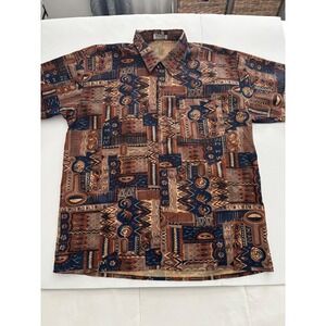 100% Silk Vintage Resort Wear-Thai Silk Botton Up Mens Shirt Tribal Abstract